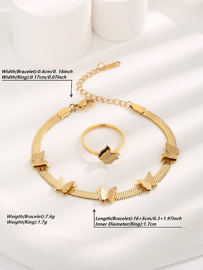 Pulseras de anillos chapadas en oro con revestimiento de acero de titanio y mariposa básica