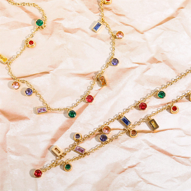 Retro-Armband-Halskette mit runder, quadratischer Verkupferung, Inlay, Zirkon, 18 Karat vergoldet