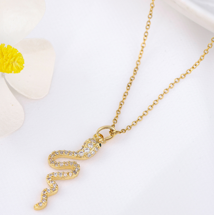 Simple Style Snake Stainless Steel Copper Inlay Zircon Pendant Necklace