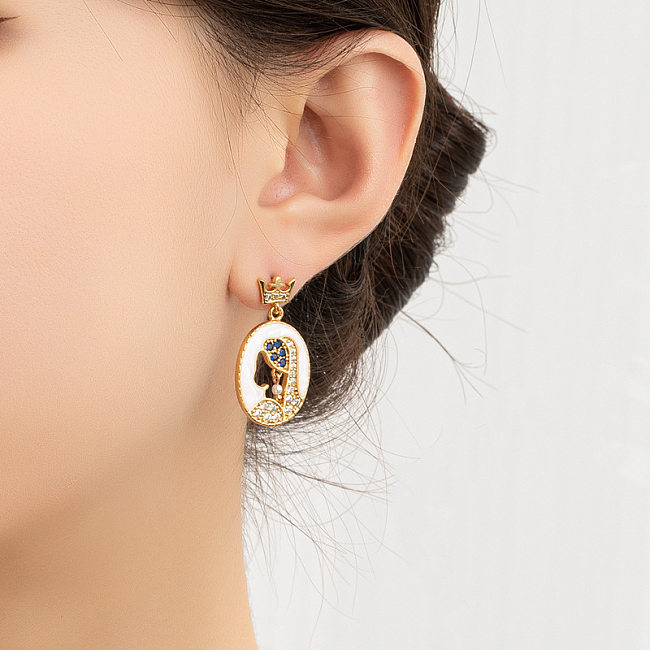 1 Paar elegante, glamouröse Porträt-Ohrringe mit Emaille-Beschichtung, Kupfer-Kunstperlen, Zirkon, 18 Karat vergoldet