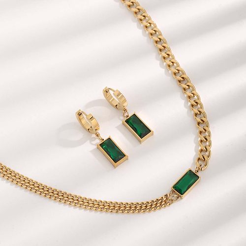 Damen-Ohrring-Halskette mit quadratischer Titan-Stahlbeschichtung, Intarsien, künstliche Edelsteine, vergoldet
