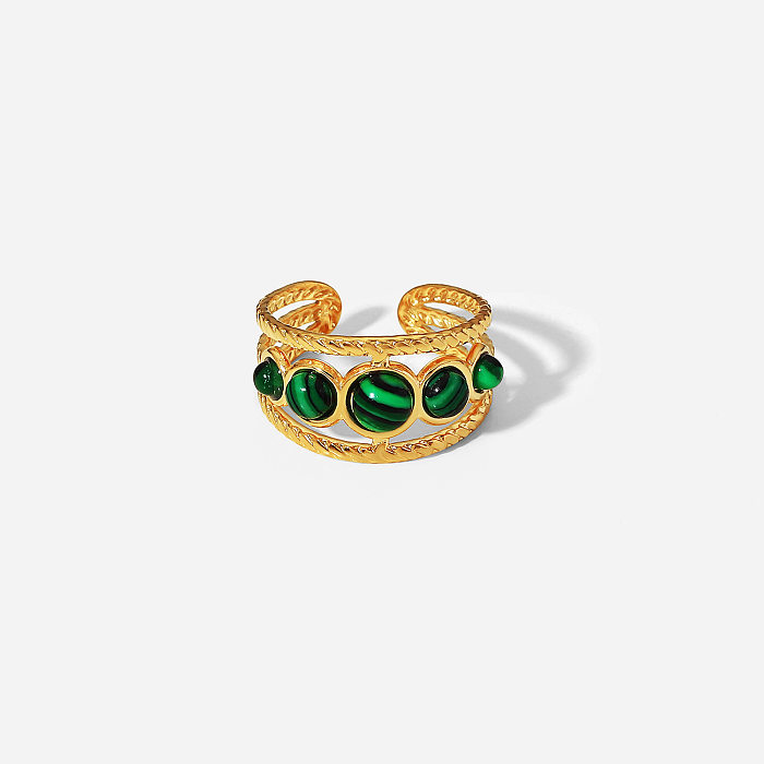 Retro Round Stainless Steel Plating Hollow Out Inlay Malachite Open Ring 1 Piece