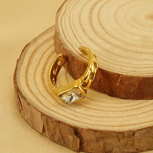 Retro Rectangle Stainless Steel Plating Inlay Zircon 18K Gold Plated Open Ring