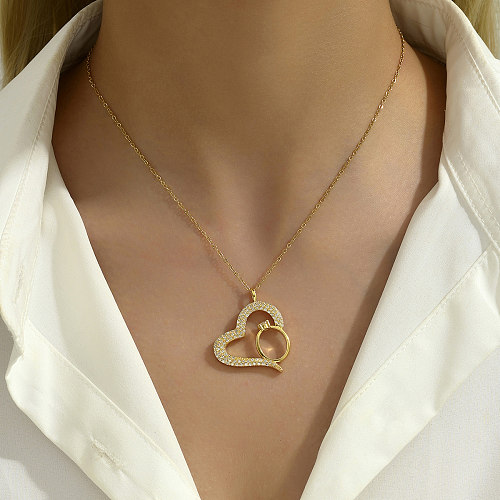 Romântico doce oval formato de coração cobre 18K banhado a ouro branco colar com pingente de zircão a granel