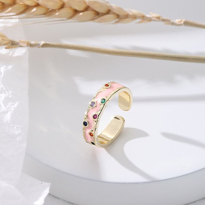 Anillos abiertos de diamantes de imitación con incrustaciones de esmalte de cobre geométrico elegante