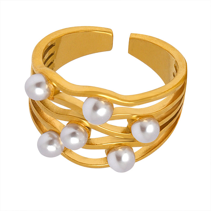 Anillo abierto chapado en oro de 18 quilates con incrustaciones de perlas artificiales, elegante y dulce, geométrico, de acero y titanio, con ondas de agua