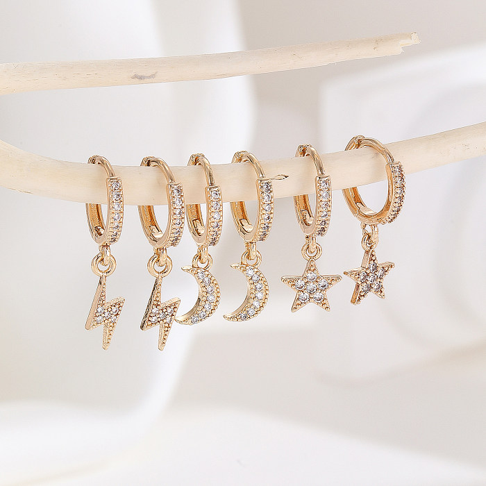 3 paires de boucles d'oreilles pendantes en cuivre et Zircon plaqué or, Style Simple, étoile, lune, incrustation de foudre