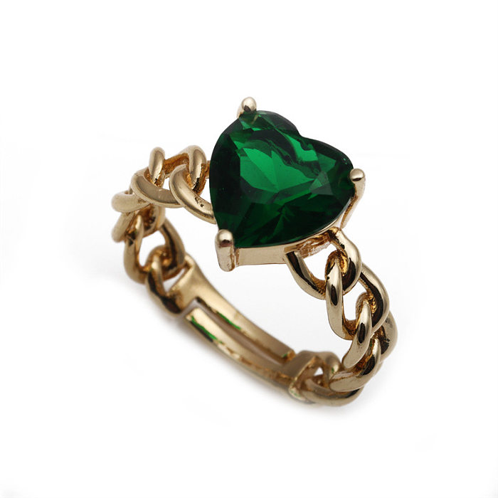 Anillo de cobre con forma de corazón y gota de agua ajustable con apertura de circonita verde con microincrustaciones de moda