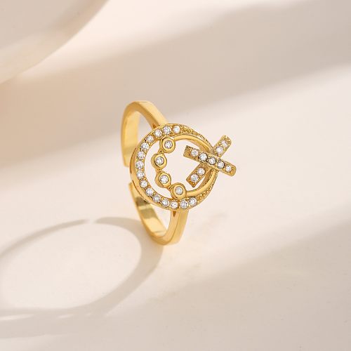 Simple Style Commute Cross Round Copper Plating Inlay Zircon 18K Gold Plated Open Rings