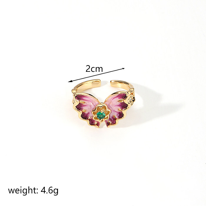 Schlichter Stil, künstlerischer Schmetterling, verkupfert, aushöhlen, Inlay, Zirkon, 18 Karat vergoldet, offene Ringe