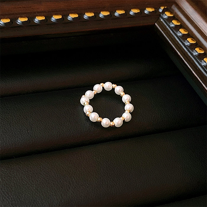 Japanese Style Flower Copper Plating Inlay Artificial Crystal Freshwater Pearl Open Ring