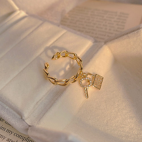 Feminino sul coreano simples personalidade jóias bloqueio chave anel aberto micro-incrustado anel de zircão