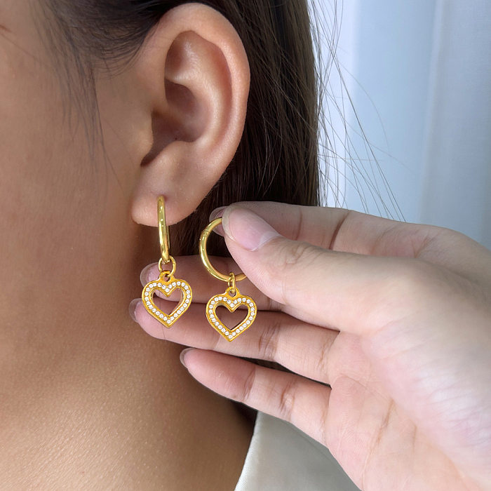 Süße Streetwear Herzform Titan Stahlüberzug Inlay Künstlicher Diamant Ohrringe Halskette