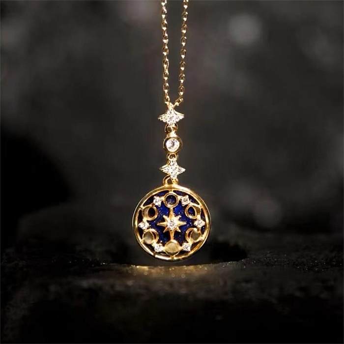 Retro Star Moon Copper Gold Plated Zircon Pendant Necklace In Bulk
