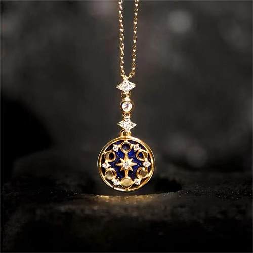Retro Star Moon Copper Gold Plated Zircon Pendant Necklace In Bulk