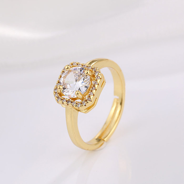 Classic Style Geometric Copper Plating Inlay Zircon 18K Gold Plated Open Ring
