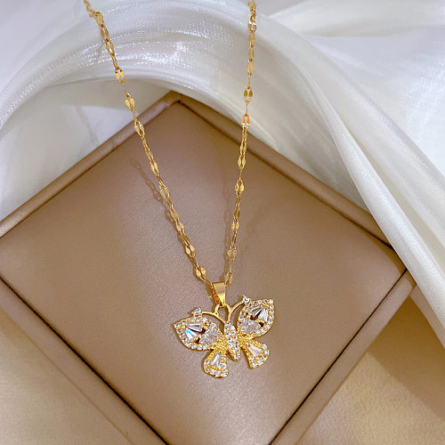Fashion Butterfly Titanium Steel Copper Inlay Artificial Diamond Pendant Necklace