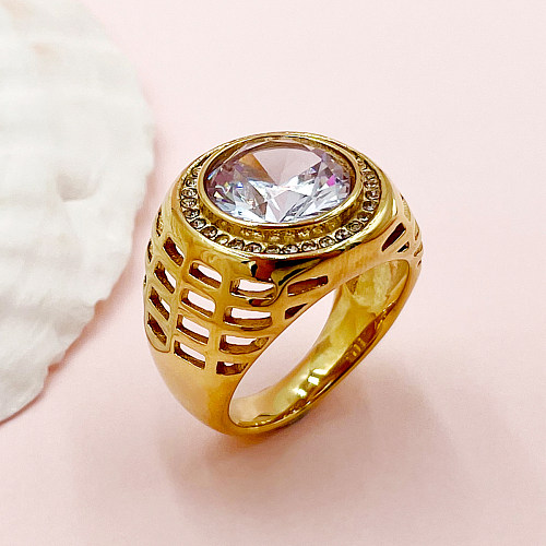 Luxuoso estilo romano geométrico em aço inoxidável com incrustações de zircão anéis banhados a ouro