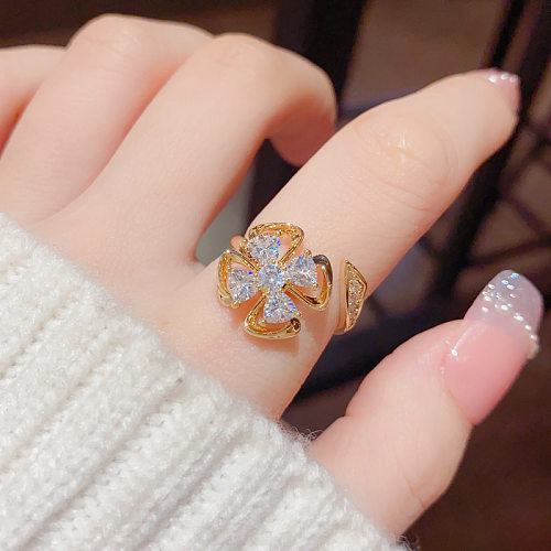 Simple Style Flower Copper Inlay Zircon Open Rings