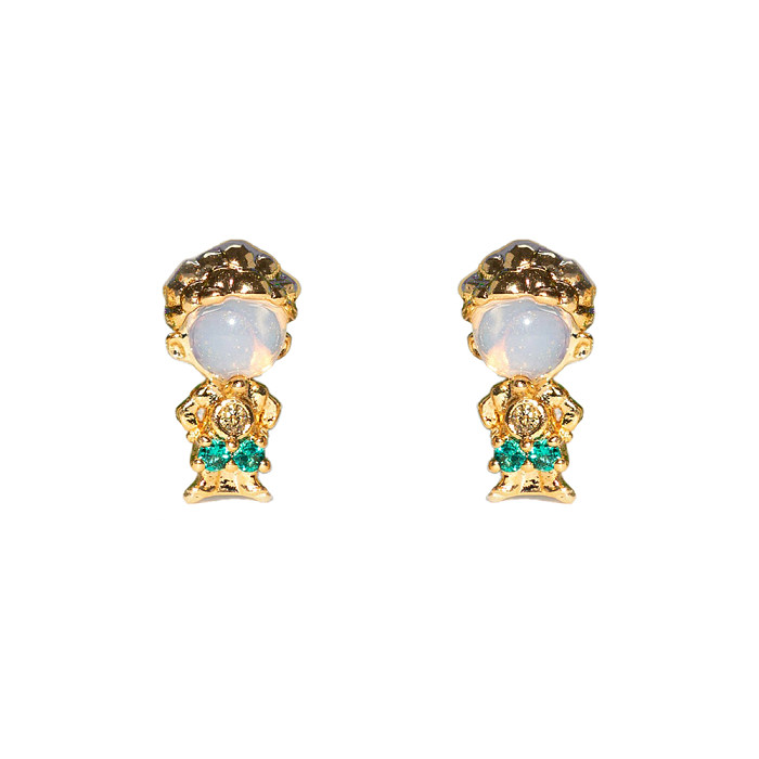 1 Set Cute Cartoon Character Brass Asymmetrical Plating Inlay Zircon 18K Gold Plated Ear Studs