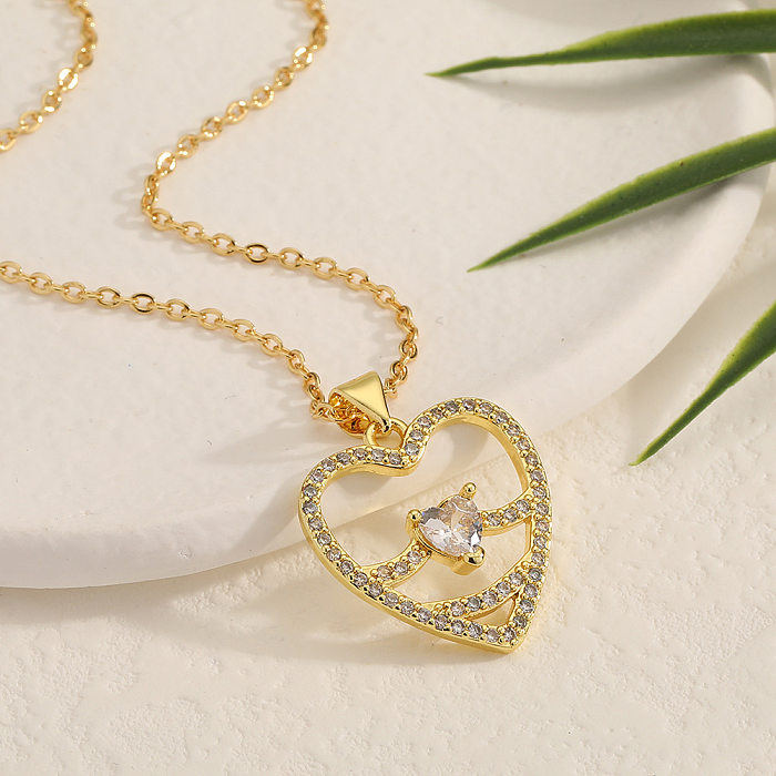 Collier pendentif en forme de cœur d'animal de Style Simple et mignon, incrustation de placage de cuivre en Zircon plaqué or