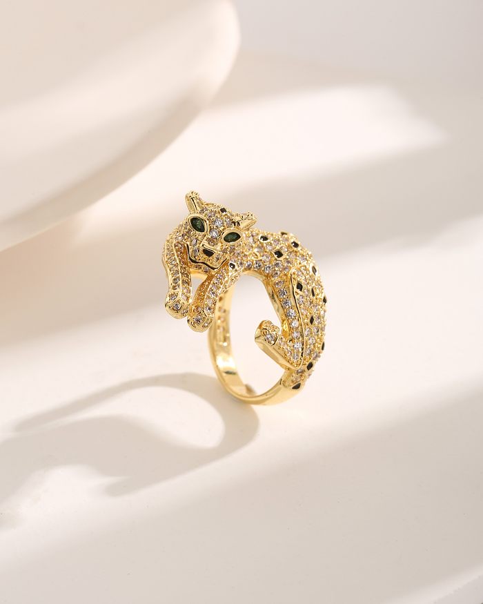 Original Design Luxurious African Style Animal Cheetah Print Copper Plating Inlay Zircon 18K Gold Plated Open Rings