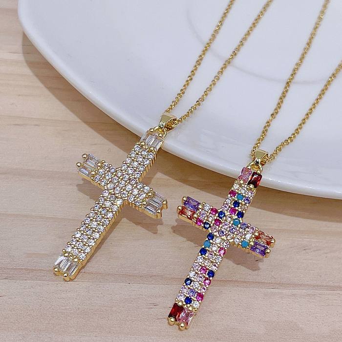 Fashion Color Zircon Religious Jesus Cross Pendant Copper Necklace