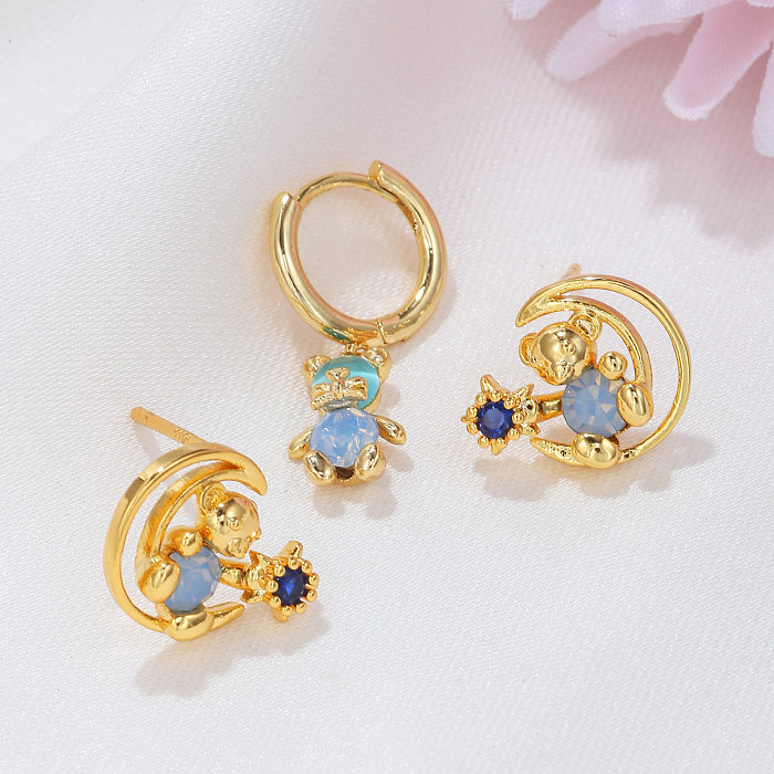 Fashion Star Moon Bear Brass Earrings Plating Artificial Gemstones Copper Earrings