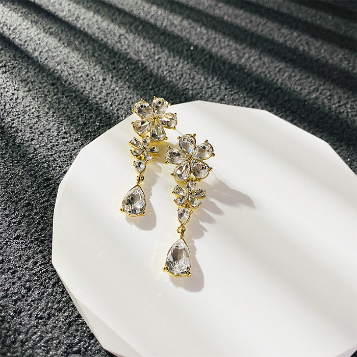 1 Pair Elegant Flower Plating Inlay Copper Zircon 18K Gold Plated Drop Earrings