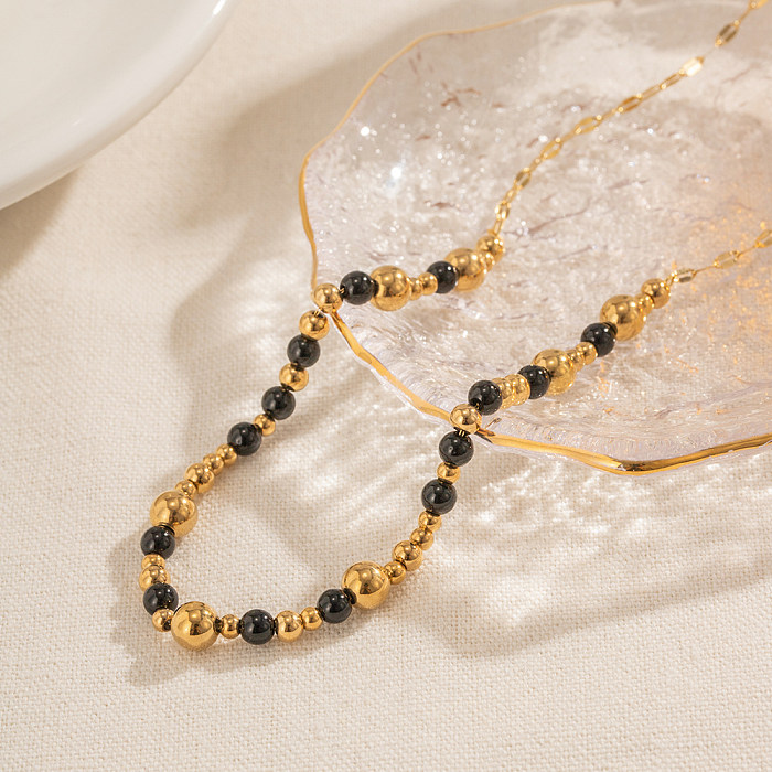 Collier plaqué or 18 carats avec perles rondes en acier inoxydable de style simple et décontracté