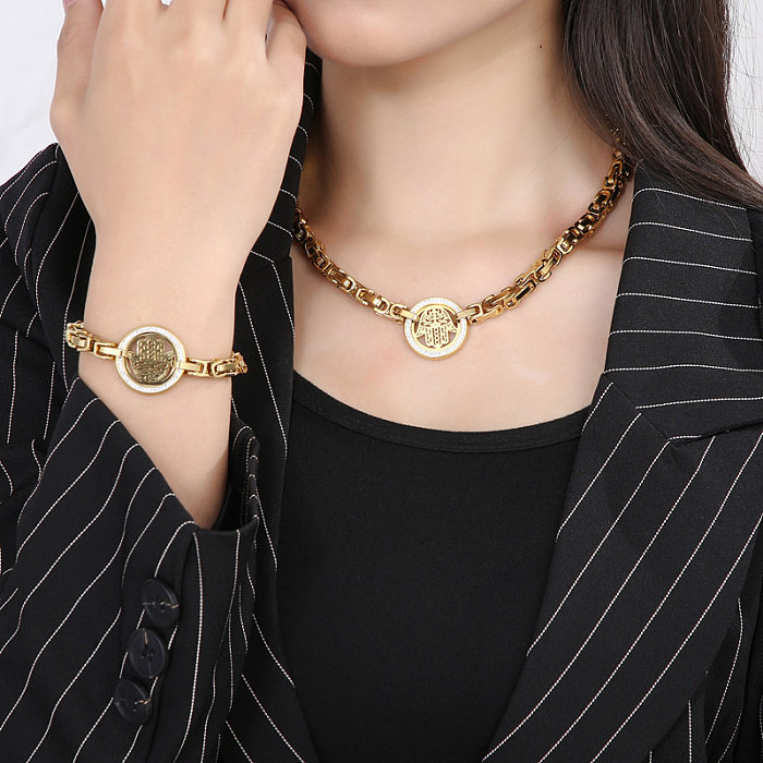 Elegante runde Palmen-Armband-Halskette mit Titan-Stahlbeschichtung und Inlay aus künstlichem Diamant