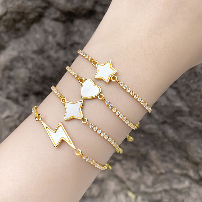 Estilo IG Moda Estilo simple Estrella Forma de corazón Relámpago Chapado en cobre Incrustaciones de circón Pulseras chapadas en oro de 18 quilates