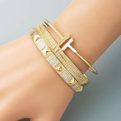Europäisches und amerikanisches grenzüberschreitendes, verkupfertes, mit echtem Gold eingelegtes Zirkon-Armband mit geometrischer Schnalle