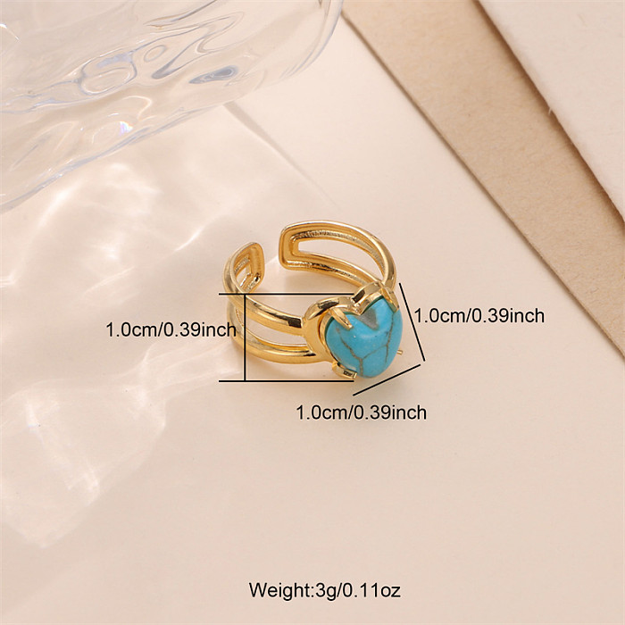Wholesale Vintage Style Bridal French Style Oval Stone Stainless Steel Plating Inlay 18K Gold Plated Turquoise Open Rings