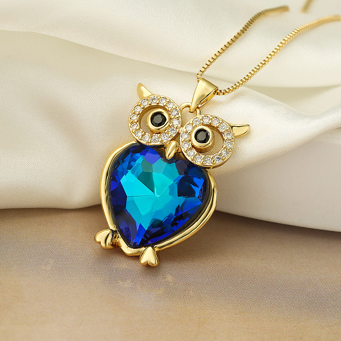 Cute Shiny Owl Copper Plating Inlay Zircon 18K Gold Plated Pendant Necklace
