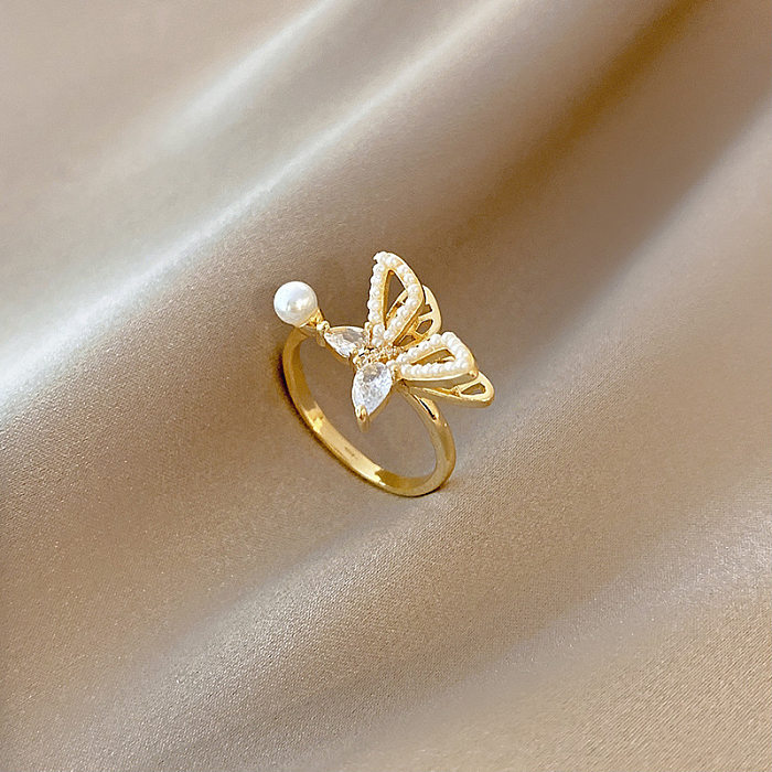 Fashion Leaf Flower Bow Knot Copper Plating Inlay Pearl Zircon Open Ring 1 Piece