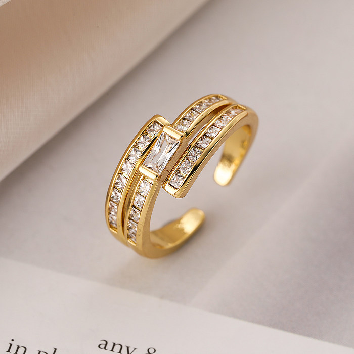 Simple Style Commute Cross Copper Plating Inlay Zircon 18K Gold Plated Open Rings
