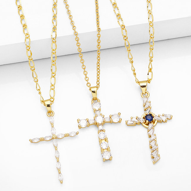 Simple Style Cross Copper Plating Inlay Zircon 18K Gold Plated Necklace