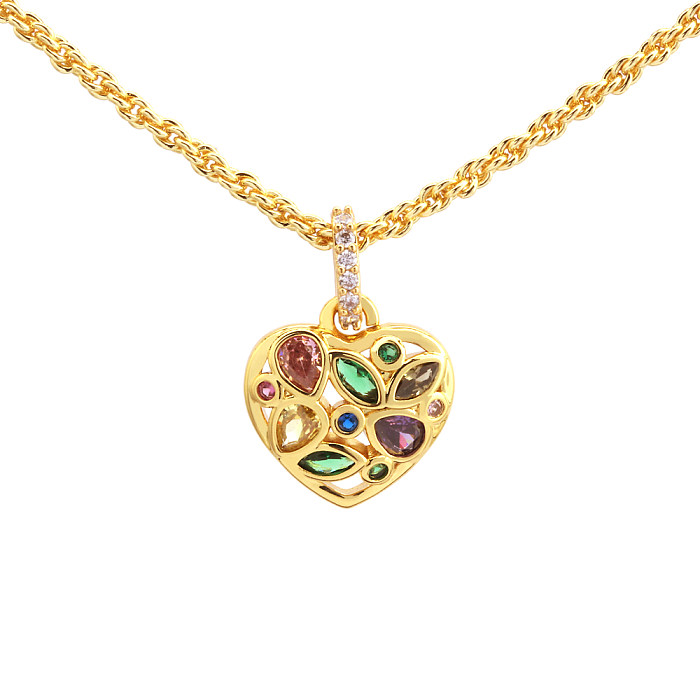 Simple Style Shiny Heart Shape Copper 18K Gold Plated Zircon Pendant Necklace In Bulk