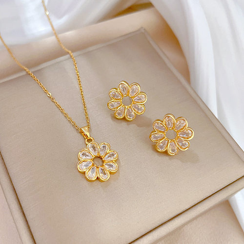 Sweet Flower Titanium Steel Copper Plating Inlay Artificial Gemstones Gold Plated Earrings Necklace