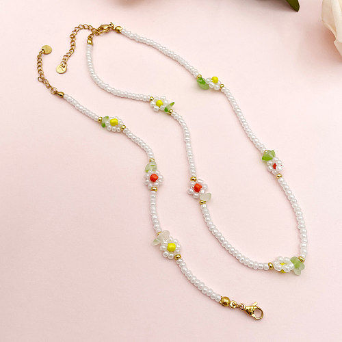 Collier de bracelets plaqués or de placage de perles d'acier inoxydable de fleur de style simple