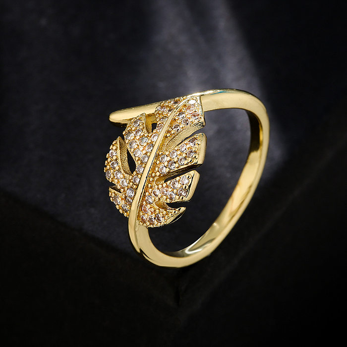 Anillo abierto con forma geométrica de hoja de circón de oro de 18 quilates de cobre a la moda para mujer