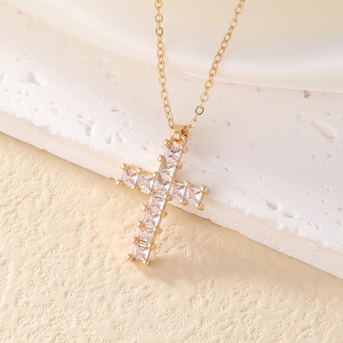Retro Simple Style Cross Copper Gold Plated Zircon Necklace Pendant In Bulk