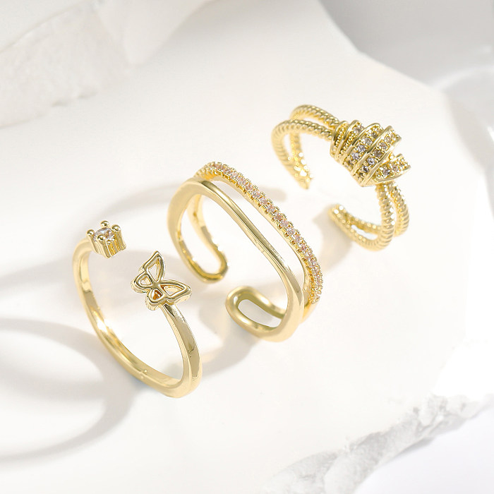 Anéis abertos banhados a ouro de zircão com chapeamento de cobre borboleta de cor sólida estilo simples