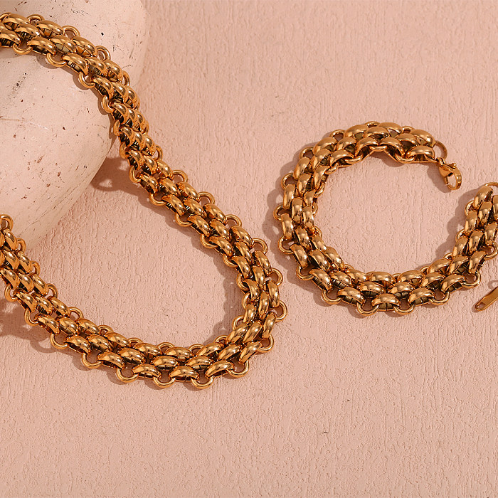 Schlichter Stil, einfarbig, Edelstahl-Beschichtung, 18 Karat vergoldete Armbänder, Halskette