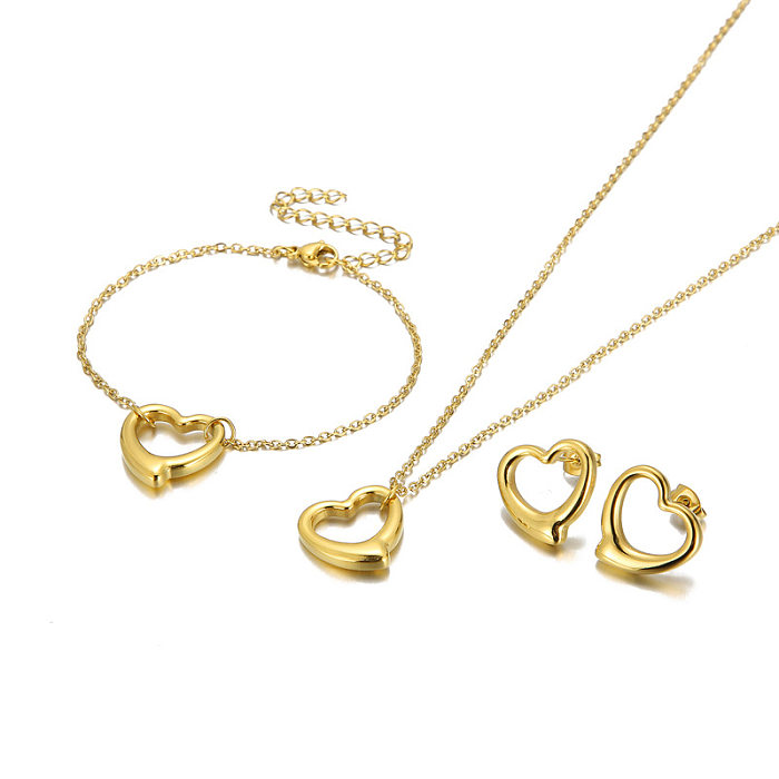 Creative Hollow Heart-shaped Pendant Bracelet Earrings Stainless Steel Necklace Set