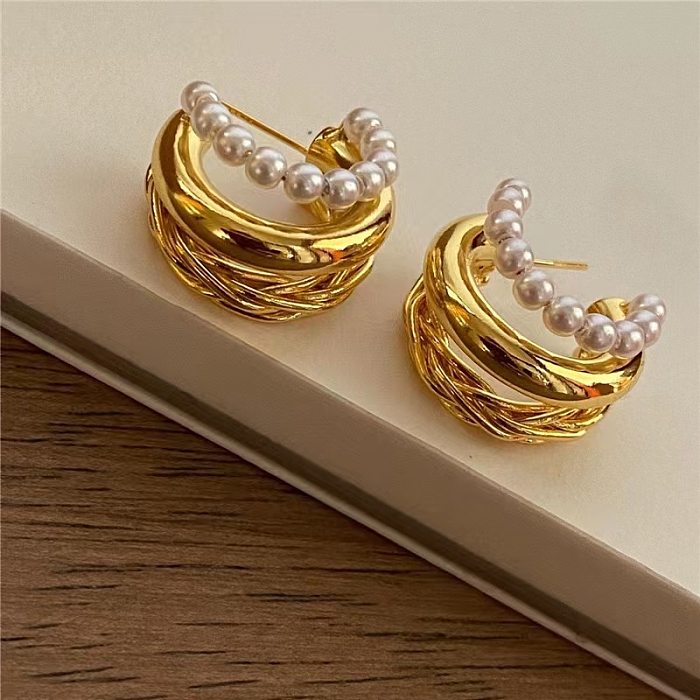 Retro C Shape Copper Earrings Plating Inlay Pearl Copper Earrings