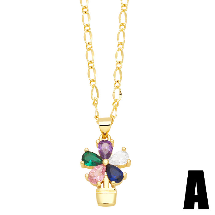 IG Style Streetwear Heart Shape Flower Copper Plating Inlay Zircon 18K Gold Plated Pendant Necklace
