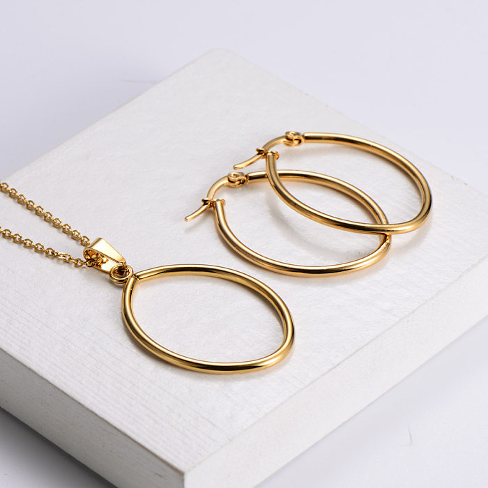 Korean Glossy Stainless Steel Oval Necklace Earrings Set Wholesale