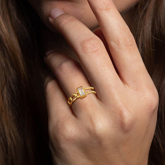 Estilo IG estilo francês estilo simples retângulo de aço inoxidável patchwork chapeamento inlay zircão 18K anel aberto banhado a ouro